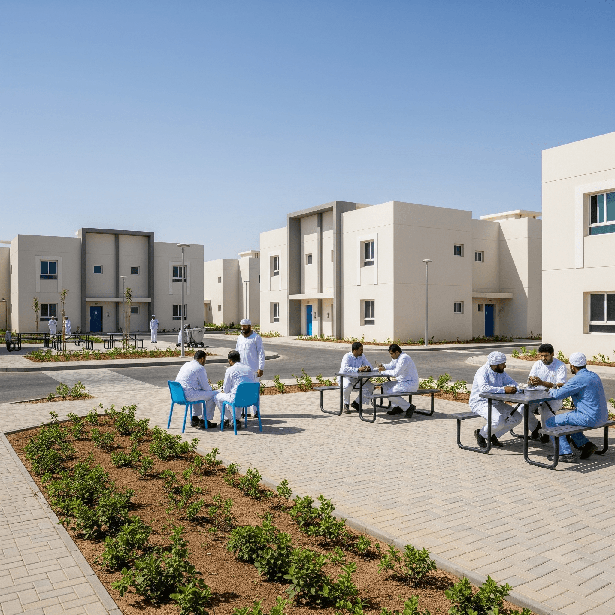 عاملين-جالسين-في-مساحات-خارجية-داخل-سكن-عمال-مجهز